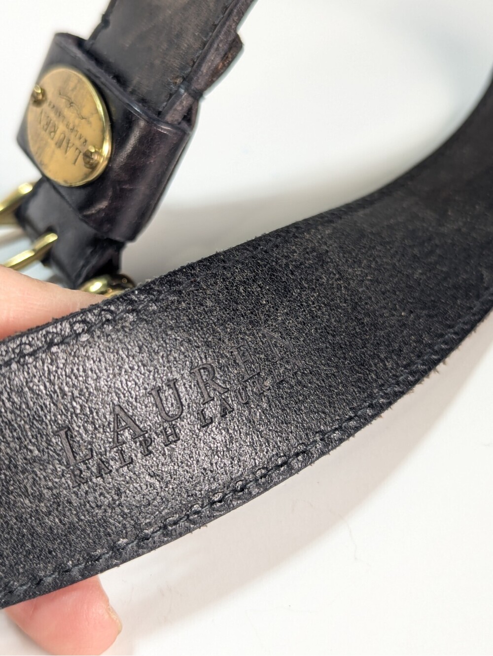 Lauren Ralph Lauren Equestrian Brass Buckle Oval Logo Plaque Black Leather Belt - Picture 7 of 10